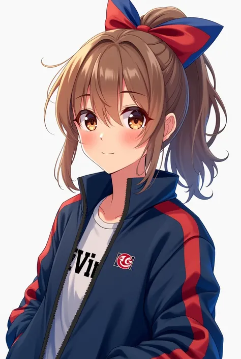 Make a picture of a teenage girl with her hair in a ponytail with a red and blue bow, with light brown eyes, with a navy blue diver with red stripes and a navy blue jacket with red stripes and white sneakers