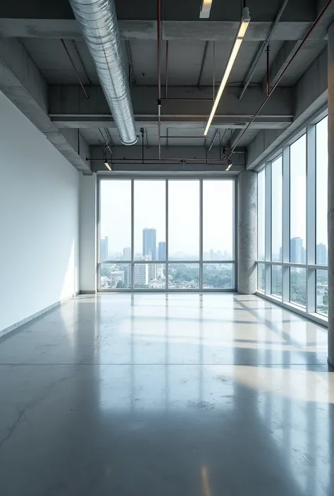 Give me a real photo, not a virtual photo, a wide photo showing the whole floor, of a 500m2 empty office for rent in a building in Ho Chi Minh City.
