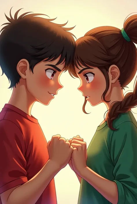 Make a cover, with a boy and a girl with brown hair both, where the boy wears red, and the girl in green, type of shirts, where rivalry between them is noted
