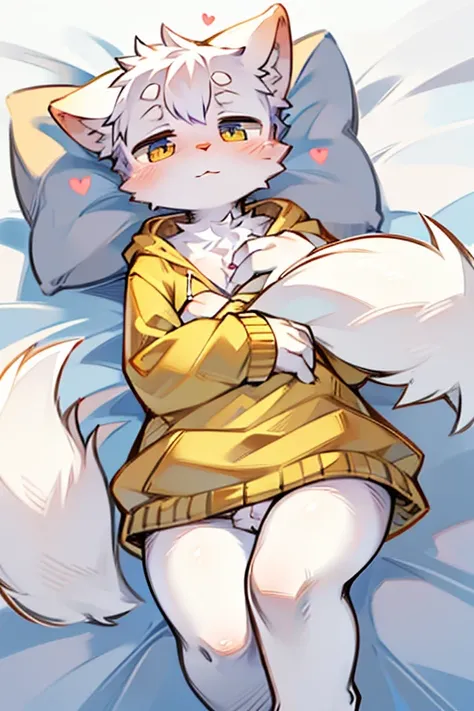 This image features an adorable anthropomorphic cat wearing a white fur coat.. The character has large, expressive eyes and a slight blush on the cheeks., which gives it a shy or timid appearance. He is dressed in a yellow sweater and holds a small object ...