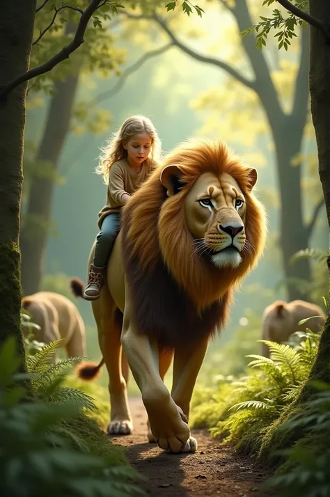 Image prompt: The lion carrying the child on its back as they explore the forest.