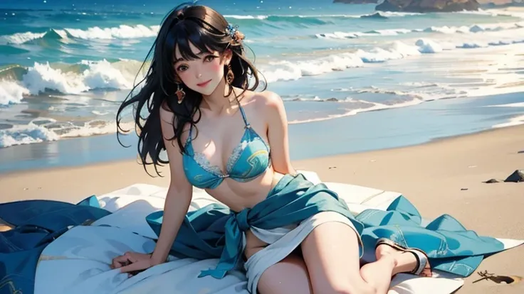 Very beautiful 1 girl, Cute Face、 Beautiful shiny bangs,  ((Detailed depiction of a beautiful face))、 Refreshing and gentle look,Smiling Kindly、Beautiful and fair、Glowing Skin, bright,Small breasts，Lace Bikini，See through，Bikini Swimwear、Photorealistic per...