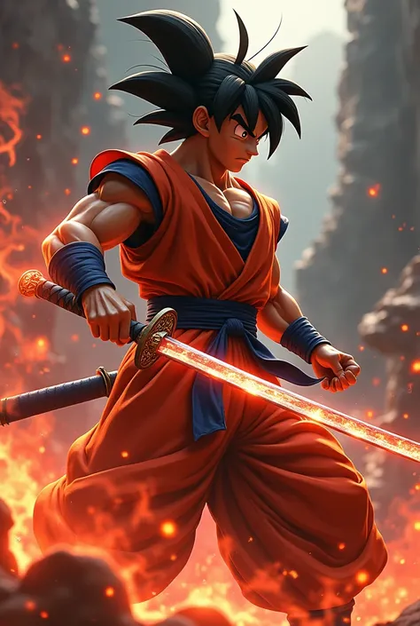 Son Goku holding a magical katana with fire powers, intricate japanese engraved blade, glowing red hot edge, stylish katana hilt with dragon motif, dramatic red and orange flames surrounding blade, beautiful japanese calligraphy, ancient samurai warrior ho...