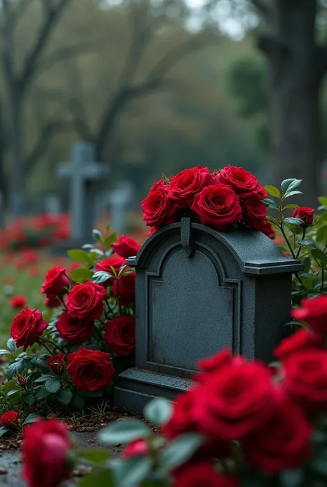 generate an image of a grave with red roses