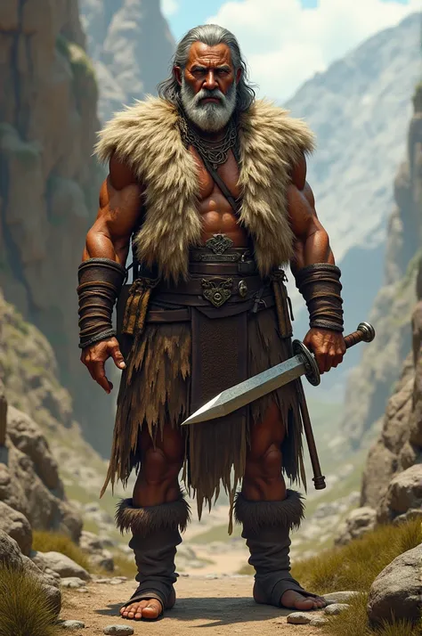 Tan man with grey hair wearing animal skin vest holding a sword