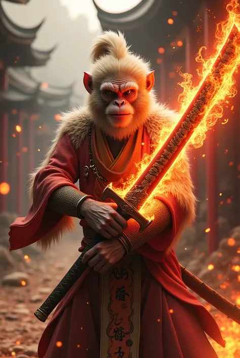  Monkey king , son wokong  holding a magical katana with fire powers, intricate japanese engraved blade, glowing red hot edge, stylish katana hilt with dragon motif, dramatic red and orange flames surrounding blade, beautiful japanese calligraphy, ancient ...