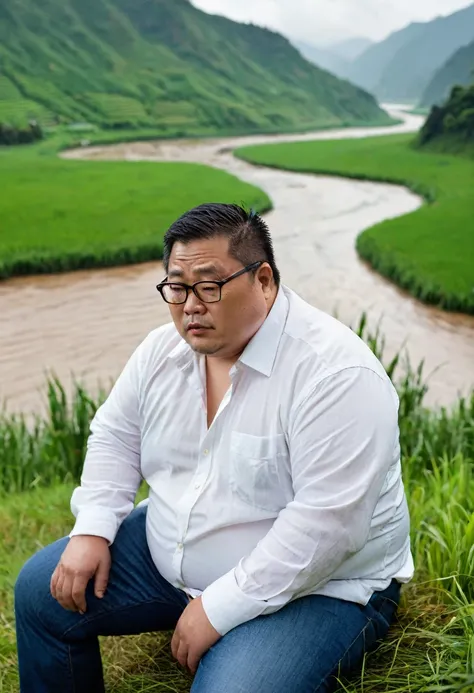 Man, Asian, 50 years old, Fat, Chubby, wearing glasses, wearing a white shirt unbutton, Unbuttoned, wear jeans, sitting, a field of grass, the hills, by side the River, wet from the rain, stained, raining, sharp image, looking sad, Top view.