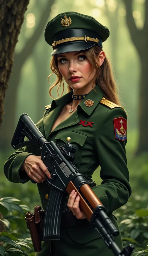 masterpiece, best quality, 1girl, beautiful and sensual lady, delicate eyes, military uniform, AK-47, AKM, kalashnikov_rifle, assault_rifle, holding_gun, forest background