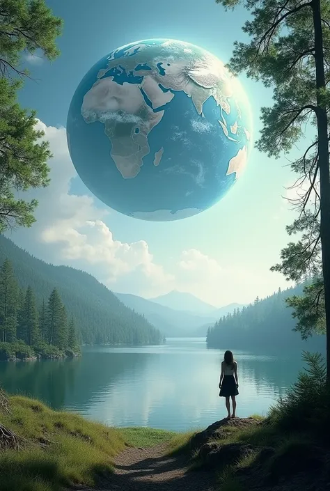 I want a landscape seen from the perspective of a person who is on a hill with trees and below you can see a large lake that is also surrounded by trees and in the sky you can see the planet Earth instead of the sun and the moon.