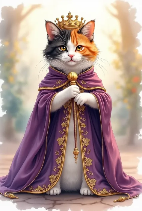 Watercolor painting of a tricolor cat wearing a queen&#39;s costume
