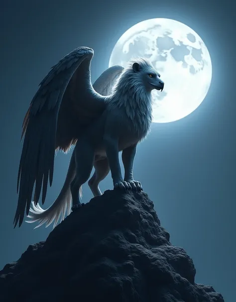 Under the light of a full moon, the griffin stands atop a high peak, bathed in silver moonlight, It has the body and claws of a lion, and the head and wings of an eagle, The moon’s glow highlights the intricate patterns of its feathers and the majestic cur...