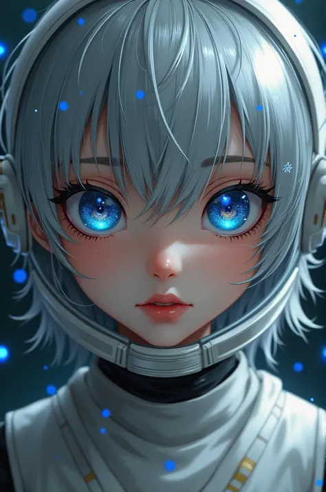 (Get a closer look at more masterpieces:1.5)0.9], (】:1.2) (Messy silver hair:1.1) (Heterochromia xanthochromia and blue eyes:1.2) (Space Helmet:1.0) (Colored stars in the eyes:1.0) (shining:1.1) (thick lips:0.9)Upper body