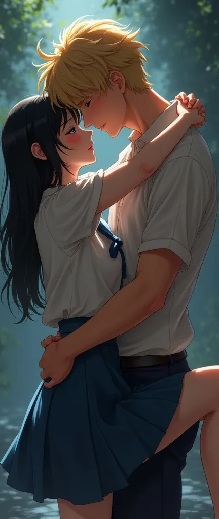 (32K:1.9, Highest quality, masterpiece, Ultra-high resolution), Perfect dynamic composition:1.3, Highly detailed skin and facial textures:1.3, Cute sexy slim Japanese schoolgirl, (Slimman, Height about 180cm), (They both close their eyes, Man hugging woman...