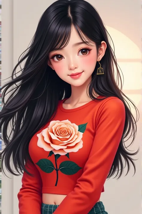 Korean girl with black hair wearing a red top that has a rose design and wearing a cute skirt