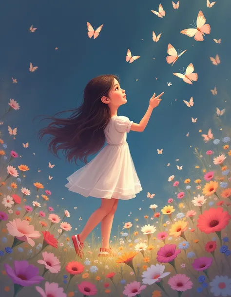 A picture of a girl playing with butterflies in the flowers，girl standing in the flower field，by Atey Ghailan