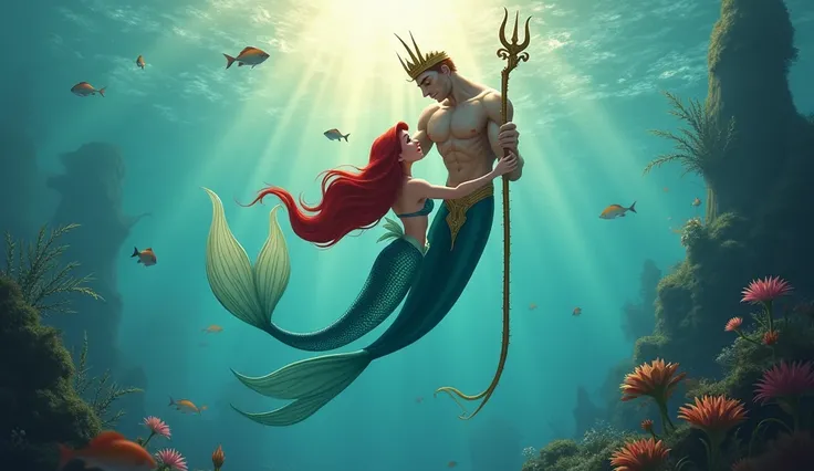 Mermaid Ariel swimming with her father King Triton