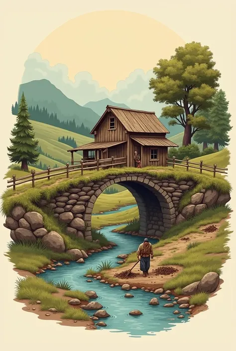 Create logo with a house made of boards, a big bridge, a stream, a peasant plowing