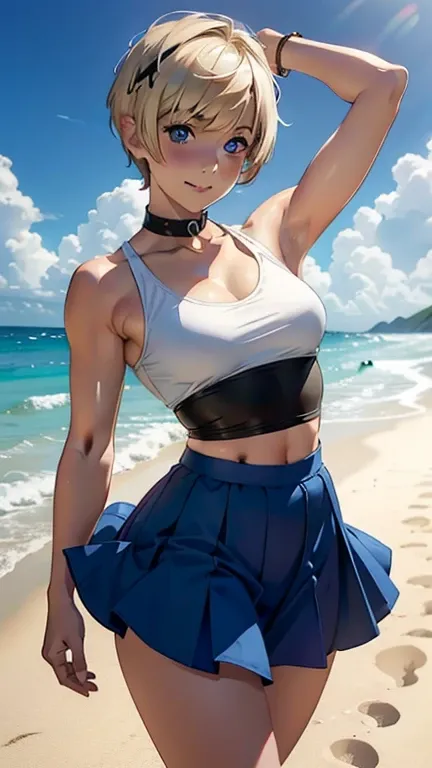 Woman in a skirt and small top happily dancing on the beach, Blonde,Very short hair,Pixie Haircut, Thick eyebrows, blue eyes,Big smile, White skin, Muscular, shoulder, Toned Up, thick, thick thighs, Medium chest, cute, sexy, young woman, 20-year-old