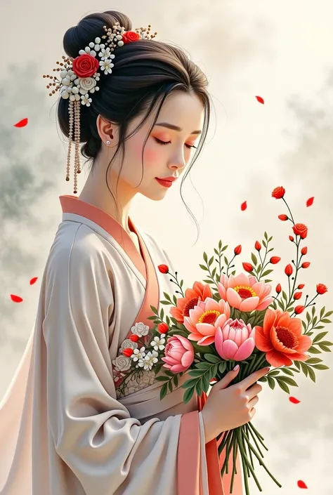 Blessing pictures。An oriental beauty holds a bouquet of flowers。watercolor