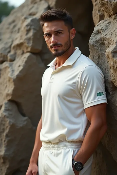 A man 30 years old boy stood with his hand on the rock wearing cricket white jersey 