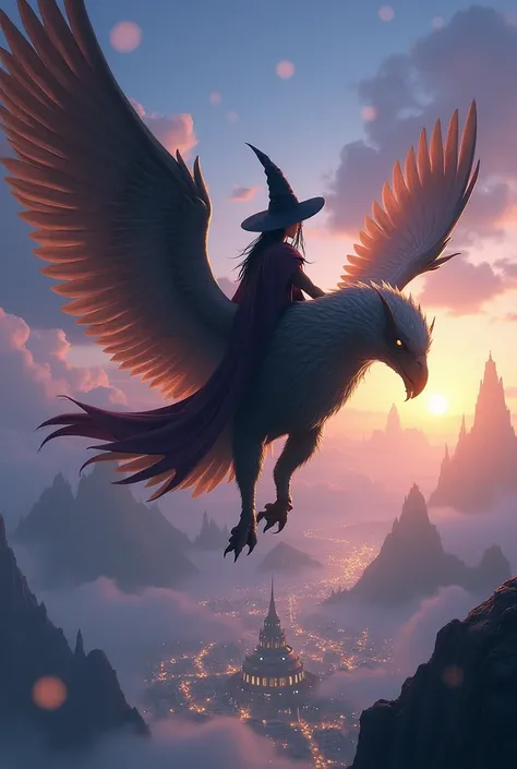 "The witch, securely seated on the griffin’s back, soars above Dreamhaven. The griffin’s powerful wings beat rhythmically against the sky, creating a stunning contrast with the city’s ethereal glow below. The witch’s cloak billows dramatically in the wind ...