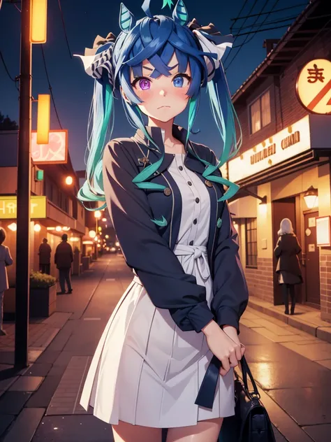 (​masterpiece、top-quality、hight resolution、Unity 8k、extremely details CG:1,Best Picture), ((pov)), Twin_Turbo_Umamusume, aqua hair, twintails, heterochromia, purple eyes, blue eyes, sharp teeth,  horses ear, "A shy and blushing woman standing outside in th...