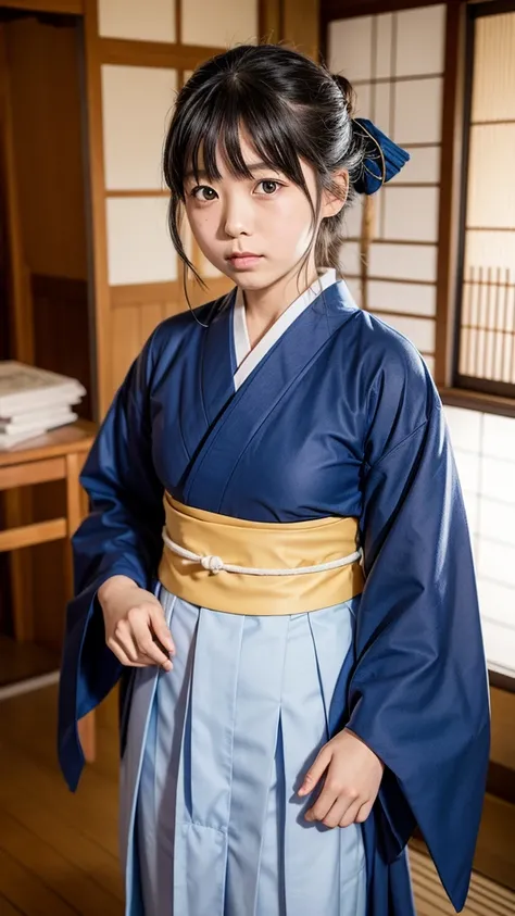 Japanese elementary school girl cosplaying as Okita Souji of the Shinsengumi, sidelong glance, end of Edo period, Kyoto