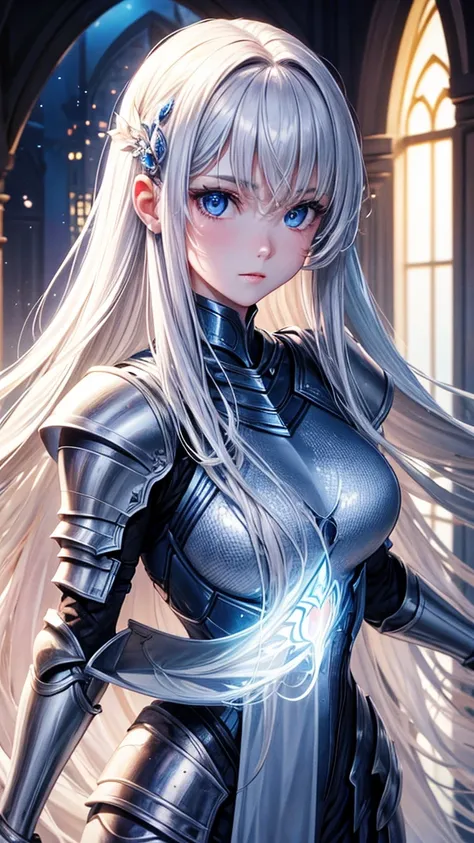 Pretty face, Best quality, Ultra-high resolution light, Glowing skin, Delicate skin, Detailed face, Delicate eyes, pretty, bionde, Straight Hair, Flowing hair, Blue eyes,Knight Armor