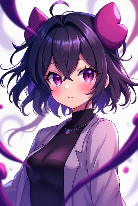 Create an image of a not very realistic anime character with the focus on her and few details in purple.