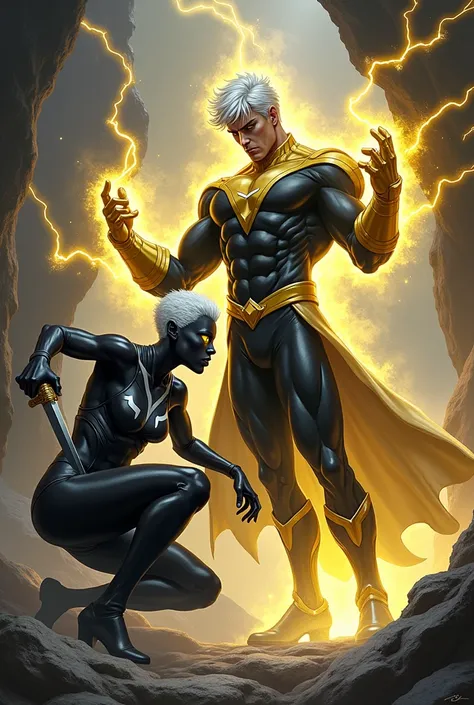 White hair muscular superhero wearing a black uniform with yellow stripes golden sleeves of hands hands raised releasing chains of yellow lightning wearing a black cape white skin color yellow eyes on the side a tall woman with black skin color short white...