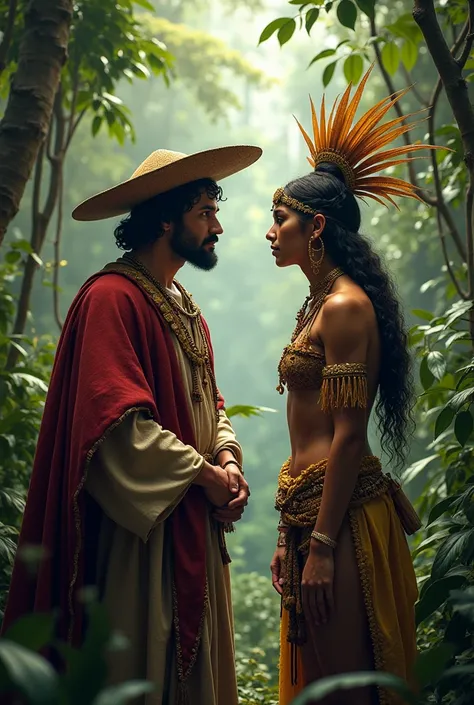 Recreates a scene of a face-to-face meeting between Christopher Columbus and an indigenous person during the time of the conquest, These are found in the jungle and behind the Spanish there are weapons and Catholic symbols such as crosses., scrolls and on ...