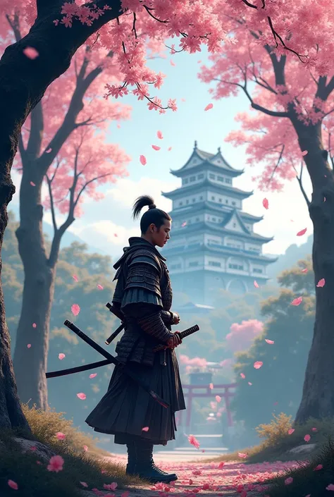 Samurai standing in a forest under a Sakura tree that drops its petals on him while he sees his city in the distance with the castle standing out among all the buildings 