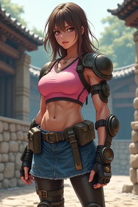 Woman warrior、anime、gloves、Utility Belt、Sweat、(Stone outdoor arena)、Trained biceps、Medium Hair、(Pink jersey)、Shingard、Knee pads、Shoulder Armor、Chest Armor、head band、Denim skirt、tights、Brown Hair、Elbow pads