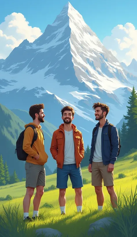 Three male friends mountain setting on grass