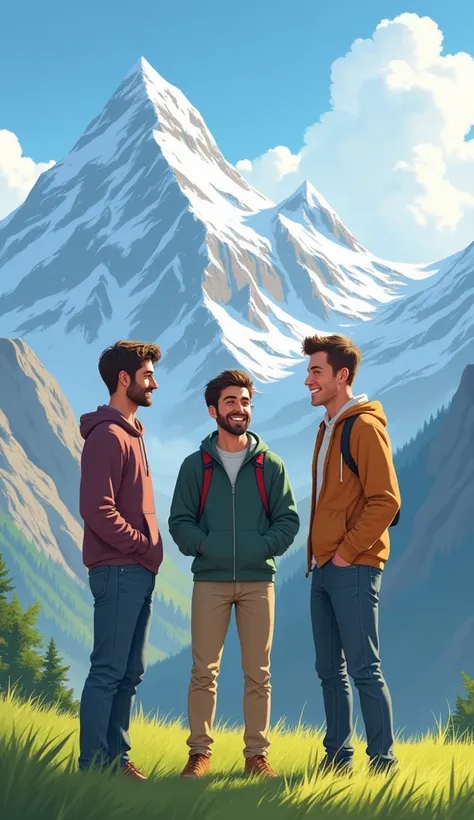 Three male friends mountain setting on grass