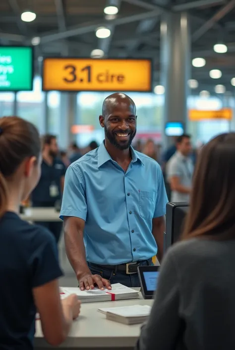 A black man wearing blue colour shirt and issue tickets 