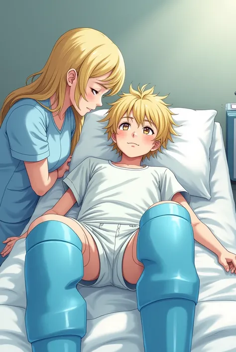 Rich blonde boy with two long and thick casts, blue fiberglass on legs, nurse caring, lying in bed,anime, illustration, 