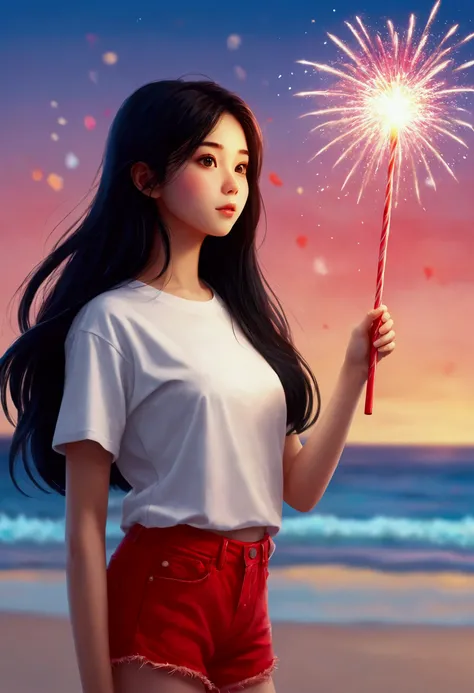 Girl holding firework stick in her hand.,long black hair, white t shirt,red short,Blurry and dreamy beach cartoon illustration