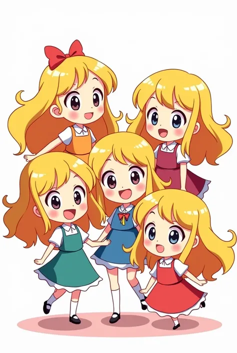 five blonde girls in cartoon with white background