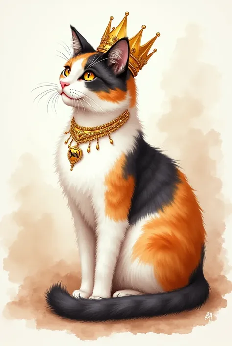 Watercolor painting of a tricolor cat dressed as a queen seen in profile with a gold necklace that says MIYUKI