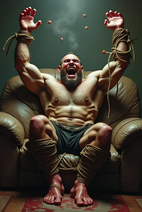 A handsome，Orc with abs tied to the sofa，Shoes taken off，Revealing two big bare feet，Both feet are locked in the foot，Feet raised，Soles facing forward，Five toes tied with rope in foot，His hands were tied tightly to one end of the sofa.，His upper body was s...