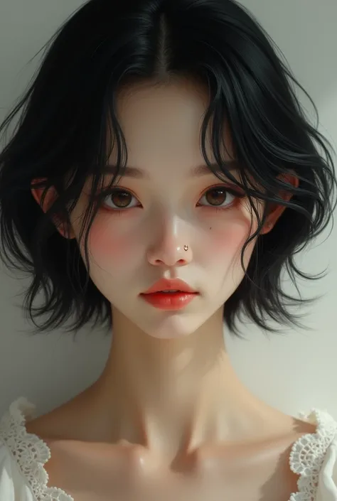 light brunette girl, with short black wavy hair, small, slanted eyes with a mole between them on the bridge of the nose, small and flat nose, small mouth with full lips and a perfect cupid&#39;s bow, a lump on the right cheek 
