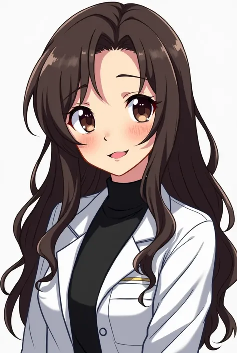 A brunette girl with slightly wavy long hair, Latin features and a smiling lab coat in black and white. Anime version 
