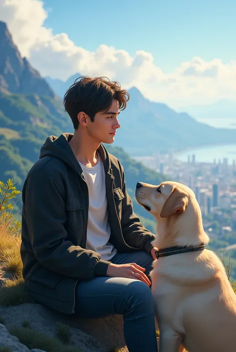 a handsome boy in with tshirt with balck jacket he seat in mountain see full city with her hand in a labrador dog in morning with a sea veiw