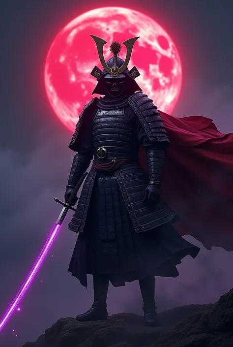 A blood moon samurai, masterfully holding a magical purple katana, striking a powerful and dramatic pose against a night sky, ultra-detailed, photorealistic, 8k, dramatic lighting, cinematic, intricate details, samurai armor, wind blowing cape, intense gaz...