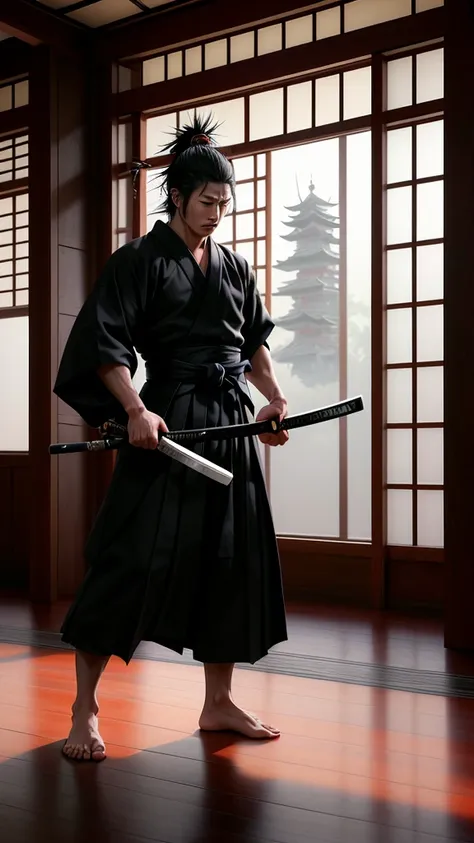 A dramatic image of Yagyu Munenori, the legendary samurai and swordsman, in mid-action, practicing his swordsmanship. Munenori is wearing a dark, flowing hakama and a plain kimono, with a katana gripped firmly in his hands. His hair is tied back in a tradi...