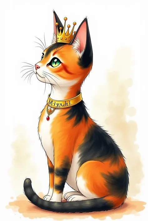 Watercolor painting of a striped tricolor cat dressed as a queen seen in profile with a gold collar that says "miyuki"