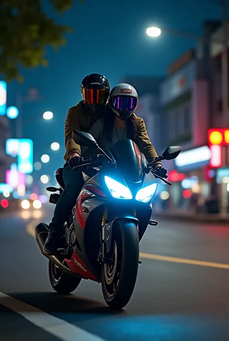 R15 bike with best indian couples and wearing helmets in india night time

