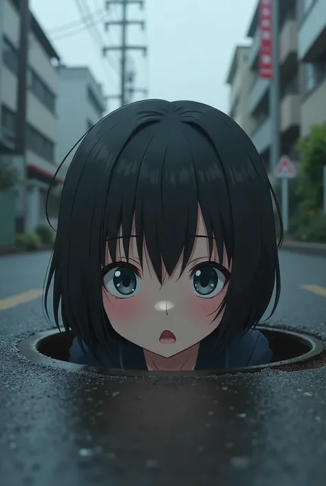 High school girl gets stuck in manhole、Black Hair、Bobcut、Beautiful Face、Japanese、Real、Cloudy