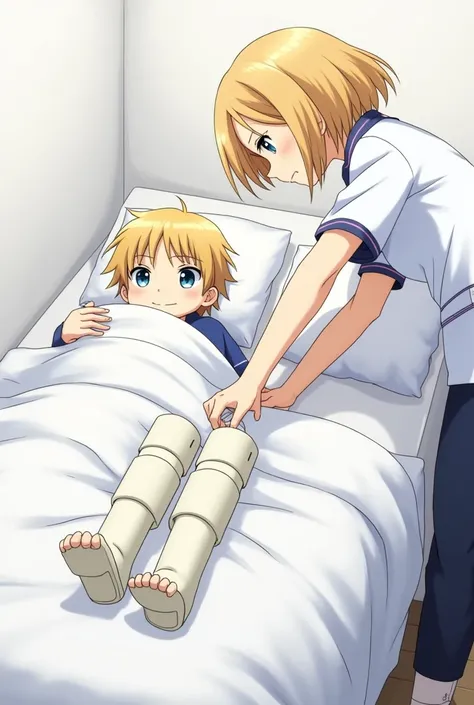 Blond boy with big long plaster cast on legs, lying in bed, nurse giving injection in butt,Anime, Ilustração, 